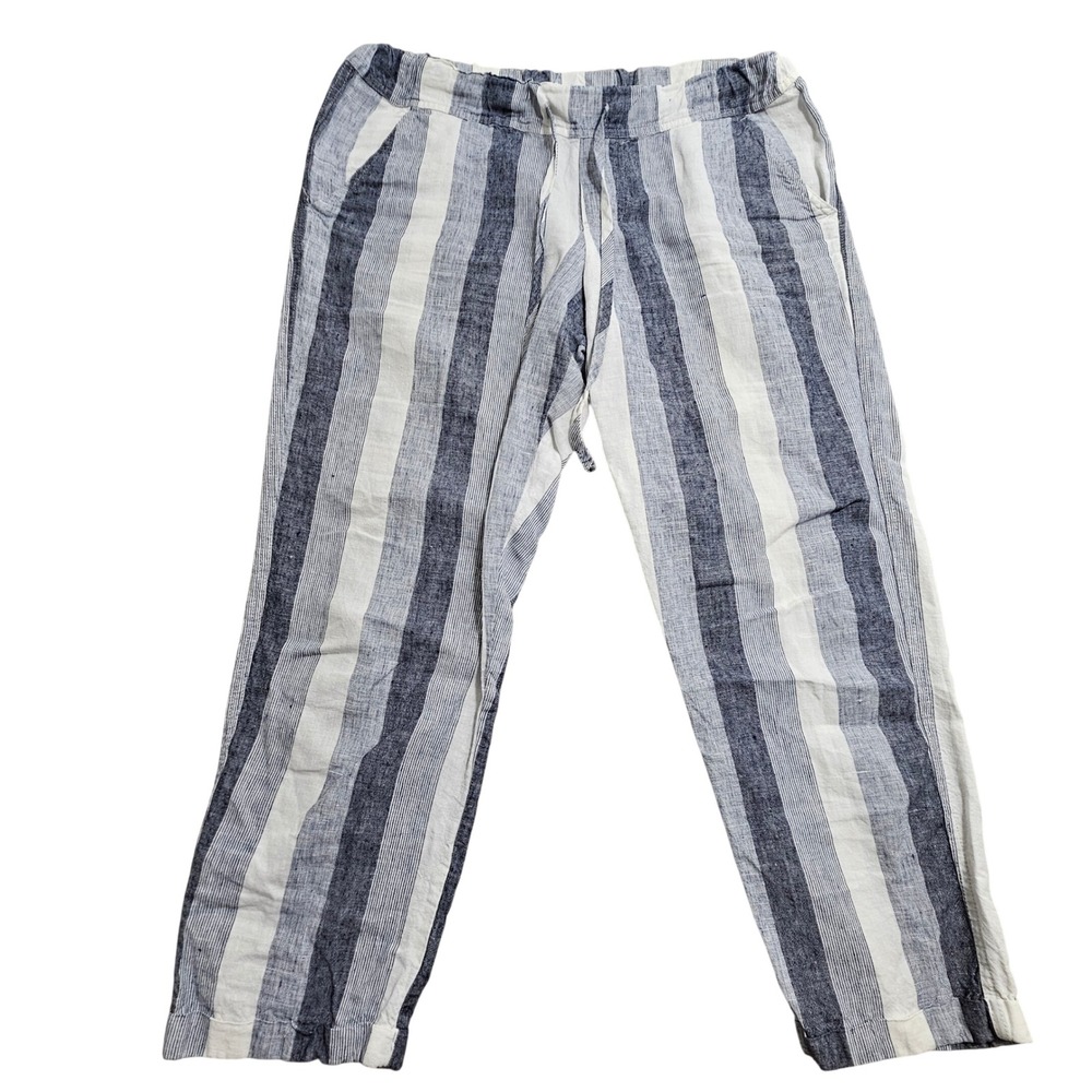 Allen Allen Striped Linen Pants M Blue White Drawstring Relaxed Fit